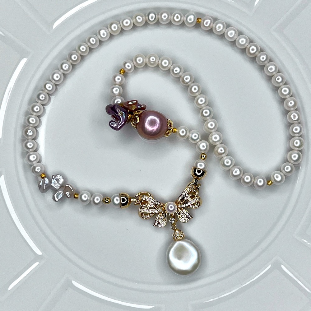 Handmade Freshwater Metallic Edison Keshi Pearl Detachable 🎀 Pendant Necklace